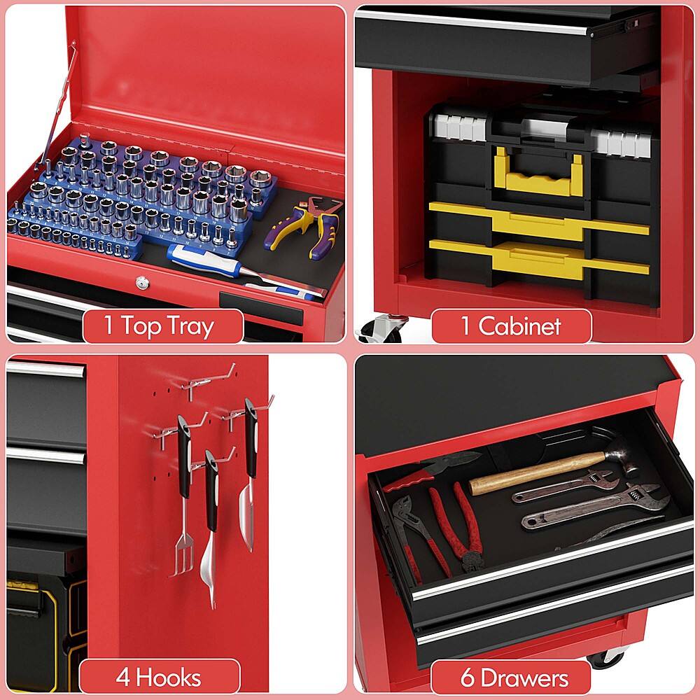 The image shows a red toolbox with four compartments, each containing different tools. The compartments are labeled with their contents, such as "1 Top Tray," "1 Cabinet," "4 Hooks," and "6 Drawers." The tools inside the compartments include various wrenches, scissors, and other hand tools. The toolbox is designed to organize and store tools efficiently, making it a practical solution for workshops or garages.