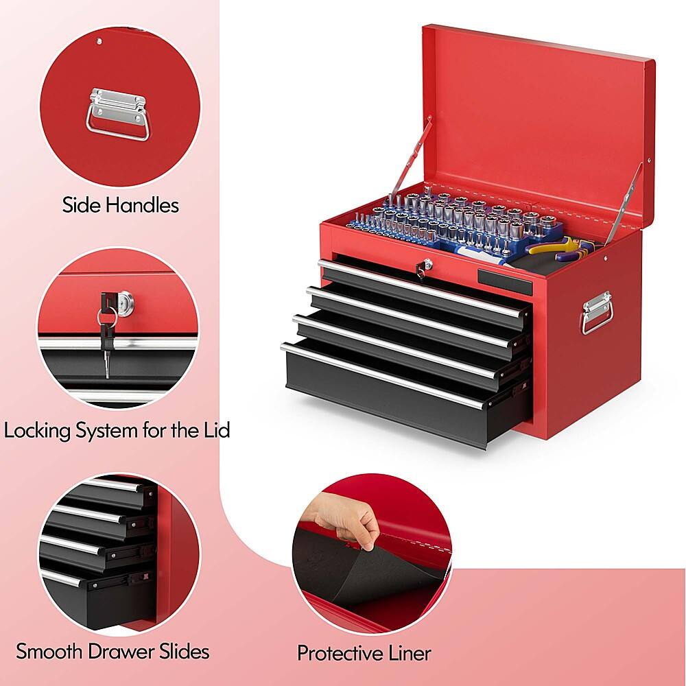 The image features a red toolbox with a locking system for the lid, smooth drawer slides, and a protective liner. The toolbox is open, revealing its contents, which include a variety of tools and equipment. The image also includes a close-up view of the toolbox, showcasing its features and organization.