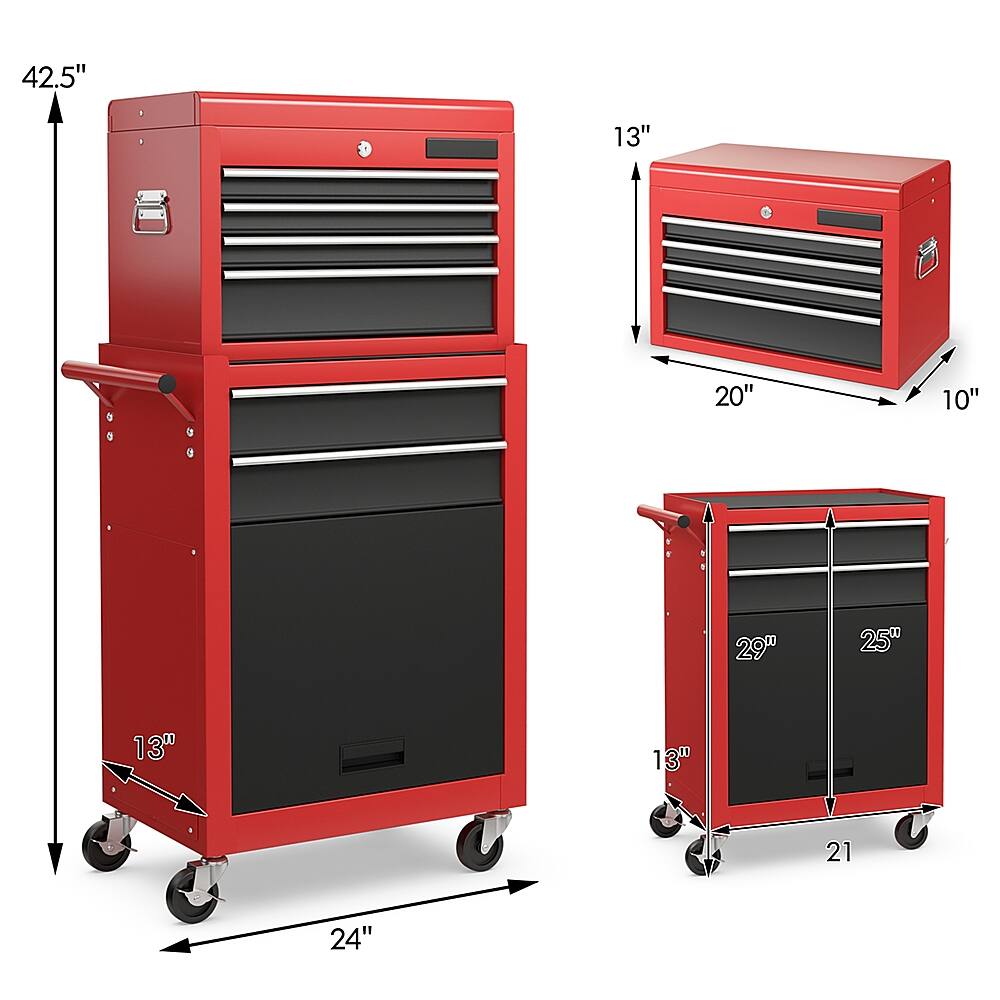 The text on the image reads: "42.5" 13" 20" 10" 29" 25" 13" 13" 21 24". This text is describing the dimensions of the red tool chest. The dimensions are: 42.5 inches in height, 13 inches in width, 20 inches in depth, 10 inches in width, 29 inches in width, 25 inches in depth, 13 inches in width, 13 inches in width, 21 inches in height, and 24 inches in height.