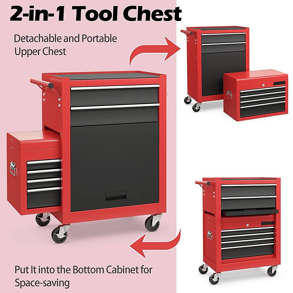 The image features a red 2-in-1 tool chest with a detachable and portable upper chest. The upper chest can be easily put into the bottom cabinet for space-saving purposes. The tool chest is designed to provide both convenience and functionality for users.