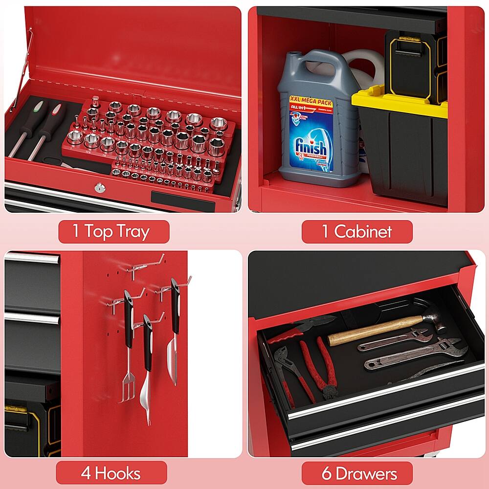 The text on the image is grouped as follows:

1. Top Tray: 4 Hooks
2. Cabinet: 6 Drawers

The text is correct, and it describes the organization of tools and supplies in the red toolbox.