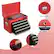 The image features a red toolbox with a locking system for the lid, smooth drawer slides, and protective liner. The toolbox also has a side handle for easy access.