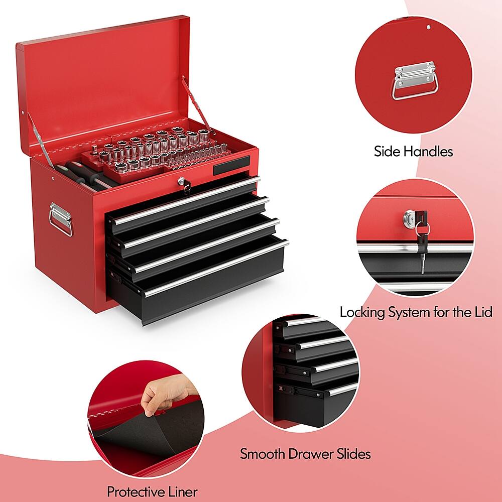 The image features a red toolbox with a locking system for the lid, smooth drawer slides, and protective liner. The toolbox also has a side handle for easy access.