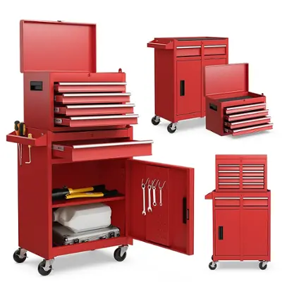 Costway - 5-Drawer Rolling Tool Chest Cabinet Metal Tool Storage Box Lockable with Wheels - Red