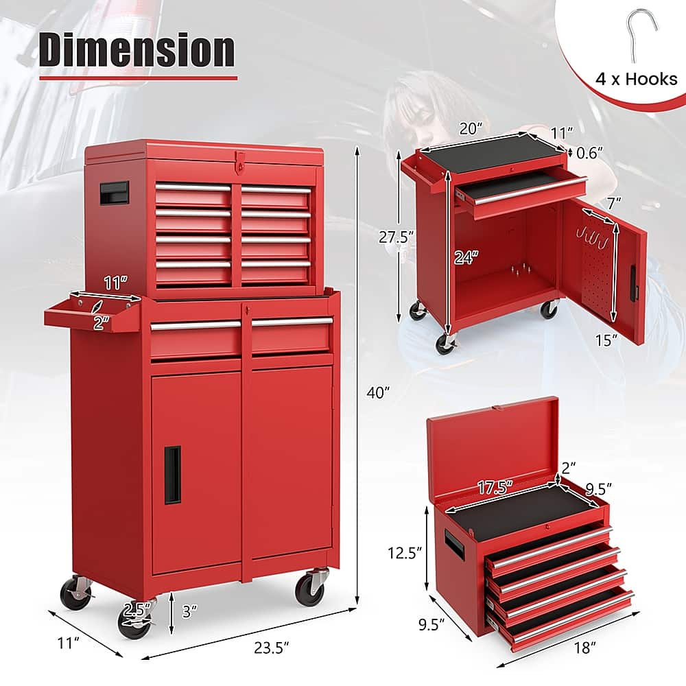Dimension: 4 x hooks, 20" x 11" x 0.6"
The image shows a red toolbox with a set of drawers and a set of hooks. The toolbox is designed to hold various tools and equipment, making it a practical and convenient storage solution for mechanics and other professionals. The dimensions of the toolbox are 20" x 11" x 0.6", and it has a set of four hooks attached to it, which can be used to hang tools or other items. The toolbox is also equipped with a set of drawers, providing additional storage space for smaller tools and accessories. Overall, this red toolbox is a versatile and functional piece of equipment that can help keep a workspace organized and clutter-free.