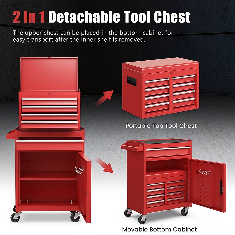 The image features a red tool chest with a detachable top, which can be placed in the bottom cabinet for easy transport after the inner shelf is removed. The tool chest is designed to be portable and convenient for use in various settings.