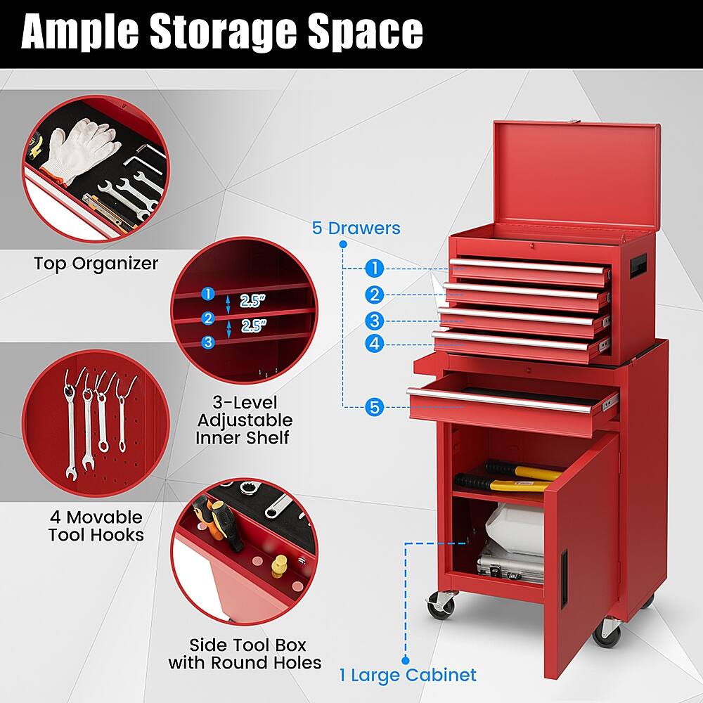 Ample Storage Space: 5 Drawers, Top Organizer, 2.5" 2.5" 1 2 3 4 3-Level Adjustable Inner Shelf, 5:4 Movable Tool Hooks, Side Tool Box with Round Holes, 1 Large Cabinet.