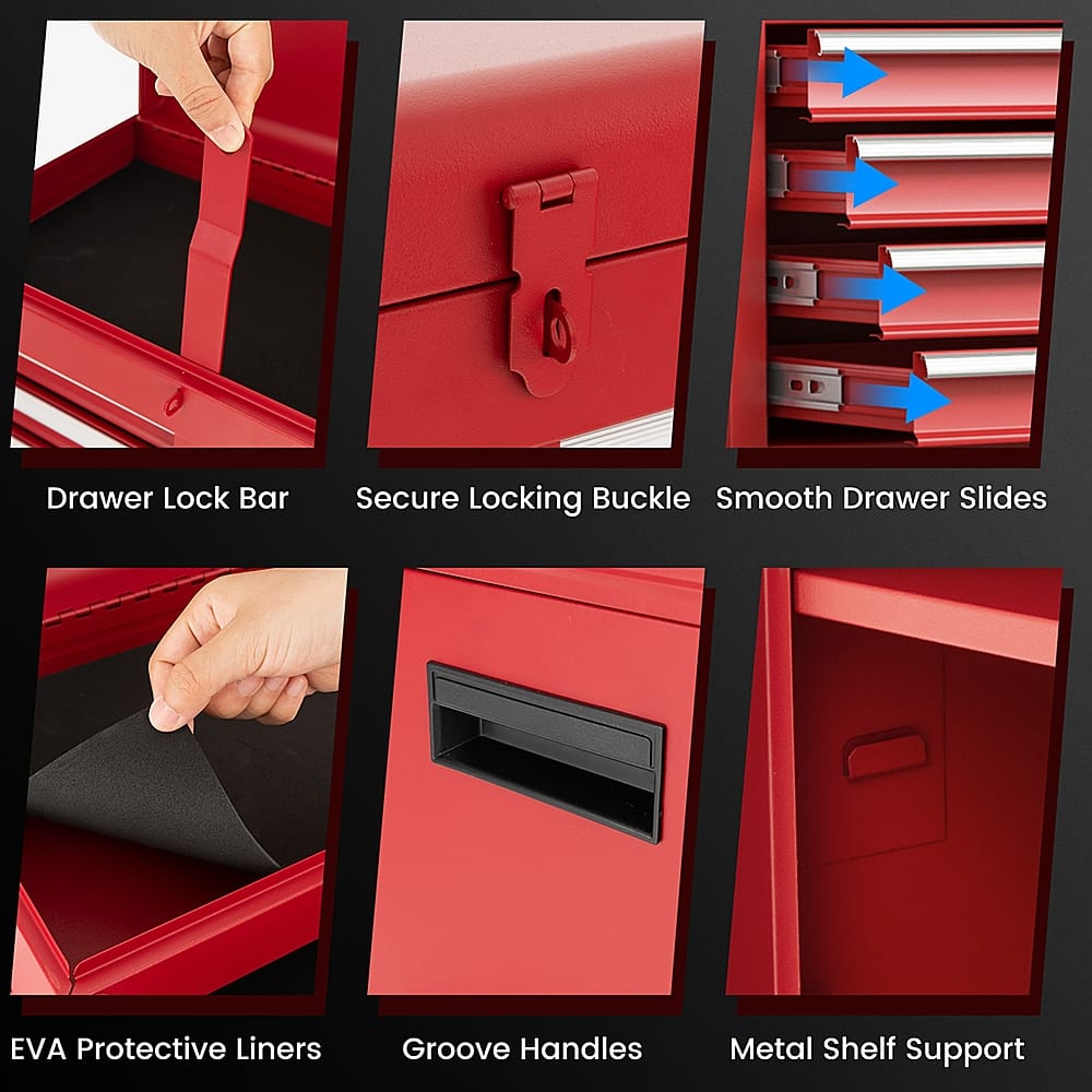 Group: Drawer Lock Bar, Secure Locking Buckle, Smooth Drawer Slides, EVA Protective Liners, Groove Handles, Metal Shelf Support.