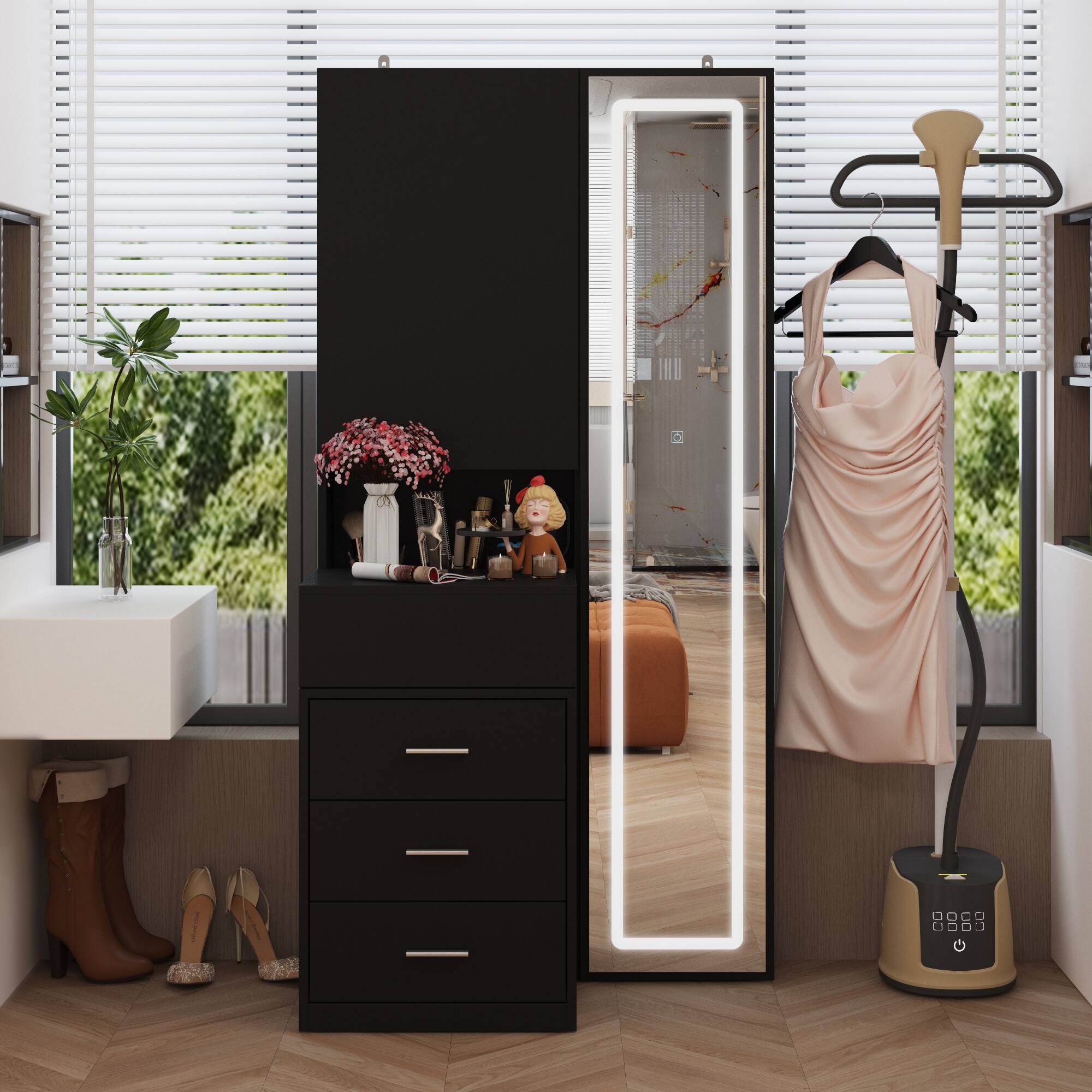 Left. Famapy - Black Vanity with LED Full-Length Mirror, Sliding Top Storage & Drawers, Modern Makeup Organizer for Bedroom - Black.