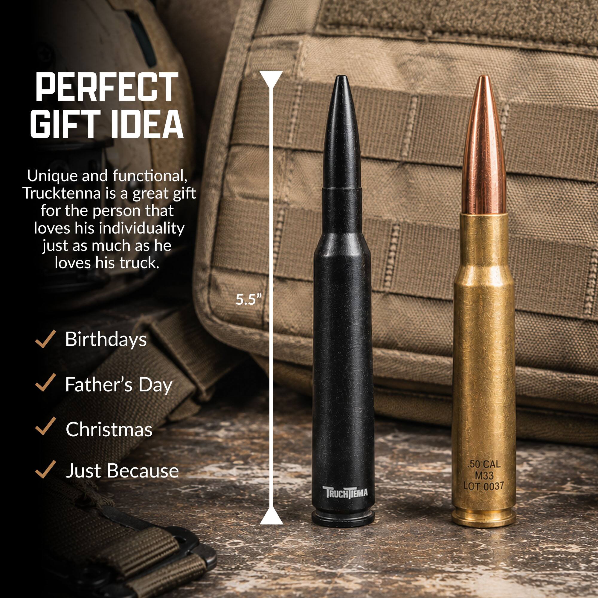 PERFECT GIFT IDEA

Unique and functional, Trucktenna is a great gift for the person that loves his individuality just as much as he loves his truck.

5.5"

Birthdays
Father's Day
Christmas
Just Because

TRUCHIEMA
.50 CAL
M33
LOT 0037