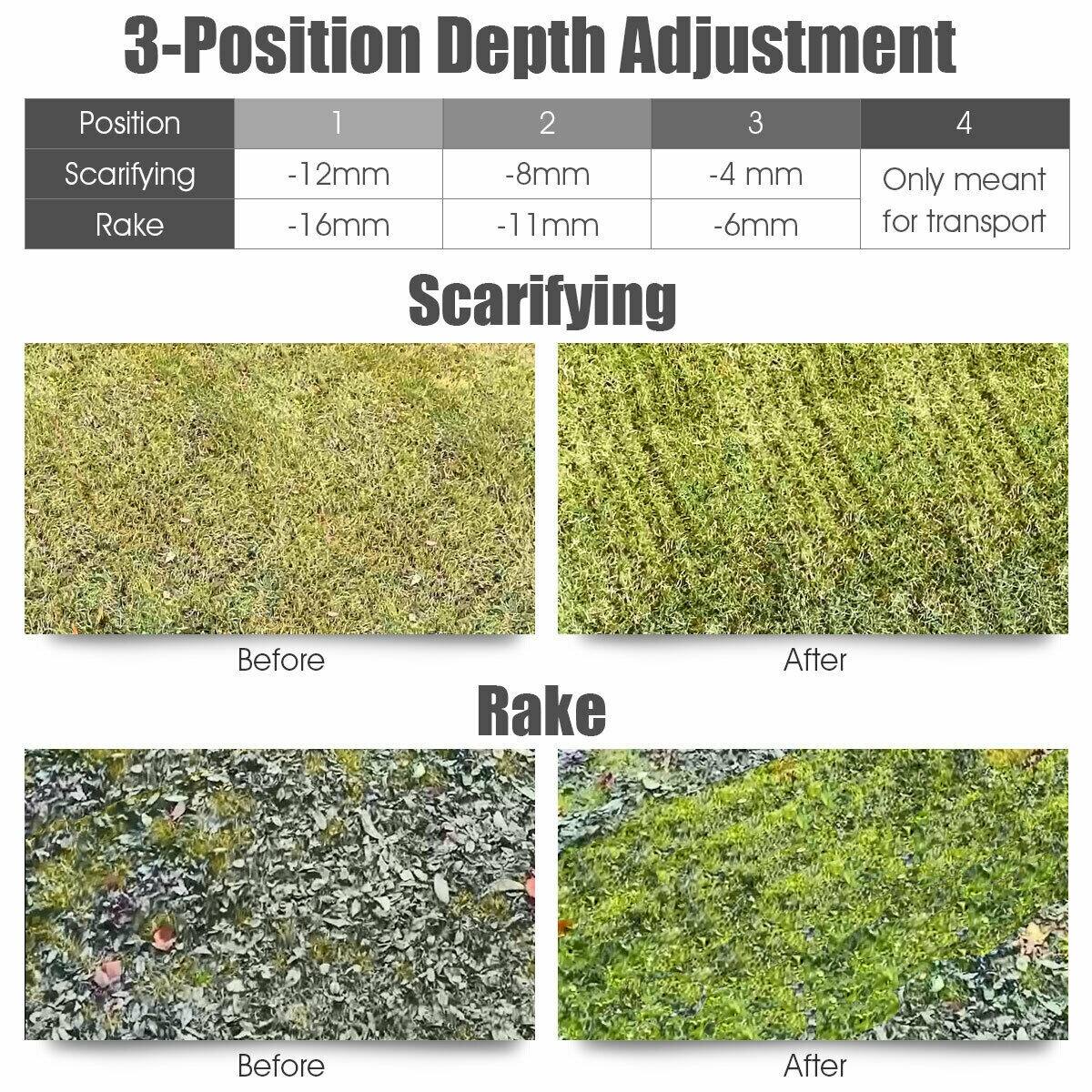 3-Position Depth Adjustment

Position 1 2 3 4
Scarifying -12mm -8mm -4 mm
Rake -16mm -11mm -6mm

Scarifying Before After
Rake Before After