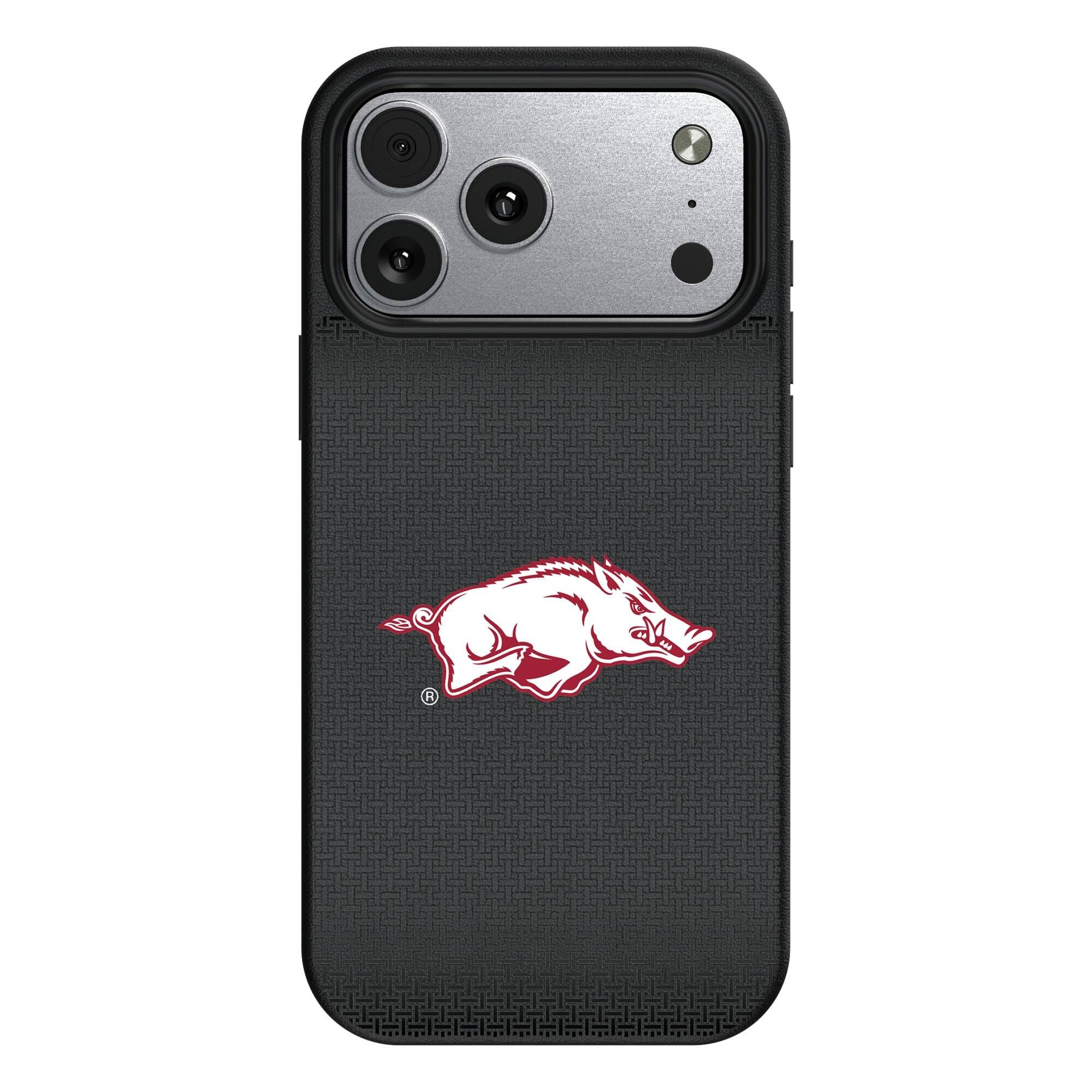 Front. Keyscaper - Arkansas Razorbacks Linen Logo iPhone Magnetic Bump Case - 15 Plus - Black.