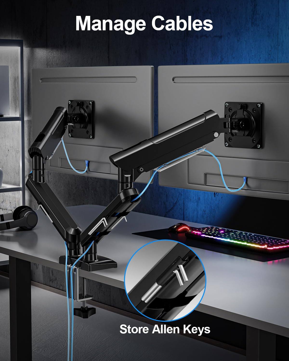 Manage Cables  
Store Allen Keys