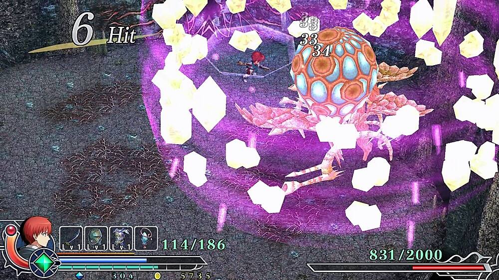 The text on the image is: "6 Hit 30 33 34 Lv1 L Lv1 Lv1 V Lv1 L Lv1 1 114/186 831/2000 304 5735 -". The text is grouped as follows:
1. "6 Hit 30 33 34" - This is a game statistic, showing the number of hits, damage dealt, and the number of times the player has been hit.
2. "Lv1 L Lv1 Lv1 V Lv1 L Lv1" - This is a game statistic, showing the player's level and the levels of the enemies they are facing.
3. "1 114/186 831/2000 304 5735" - This is a game statistic, showing the player's health, the health of the enemies, and the player's score.
4. "-" - This is a game statistic, showing the player's remaining energy.
The text is correct, and it provides information about the player's performance and the current game situation.