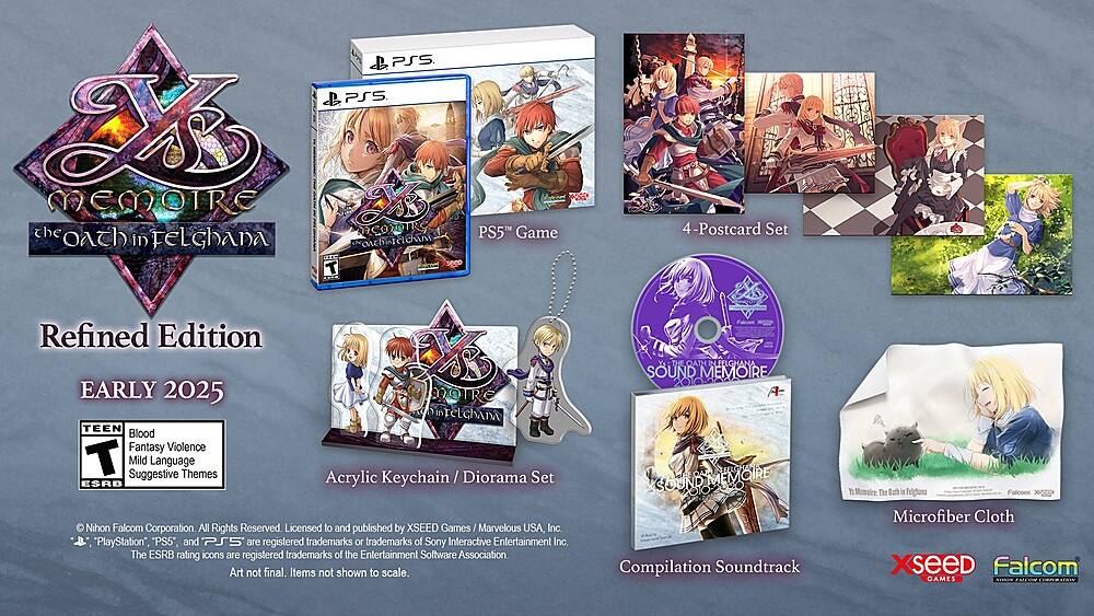 Memoire O The Conjurer PS5 Game Refined Edition Early 2025
- Acrylic Keychain Diorama Set
- Memoire O The Conjurer Compilation Soundtrack
- Memoire O The Conjurer Art Book
- Memoire O The Conjurer Microfiber Cloth
- Memoire O The Conjurer 4-Postcard Set
- Memoire O The Conjurer: Teen Blood Fantasy Violence, Mild Suggestive Language, Themes
- ESRB Rating: T
- Developed by Nihon Falcom Corporation
- Licensed to and published by XSEED Games
- "PlayStation" and "PS5" are registered trademarks of Sony Interactive Entertainment Inc.
- The ESRB rating icons are registered trademarks of the Entertainment Software Association.
- Items not shown to scale.