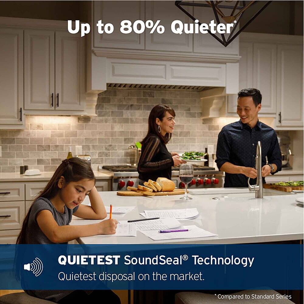 Up to 80% quieter with QUIETEST SoundSeal Technology. Quietest disposal on the market compared to standard series.