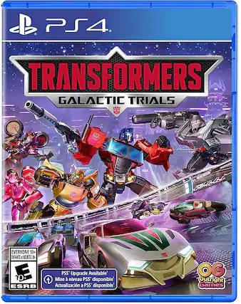 Transformers: Galactic Trials is a video game for the PlayStation 4 console, rated E for Everyone. It is suitable for both children and adults, with a rating of 10+. The game is available on the PlayStation Store, and a PS5 upgrade is also available. The game is developed by Outright Games. - E10+ (Everyone 10+)