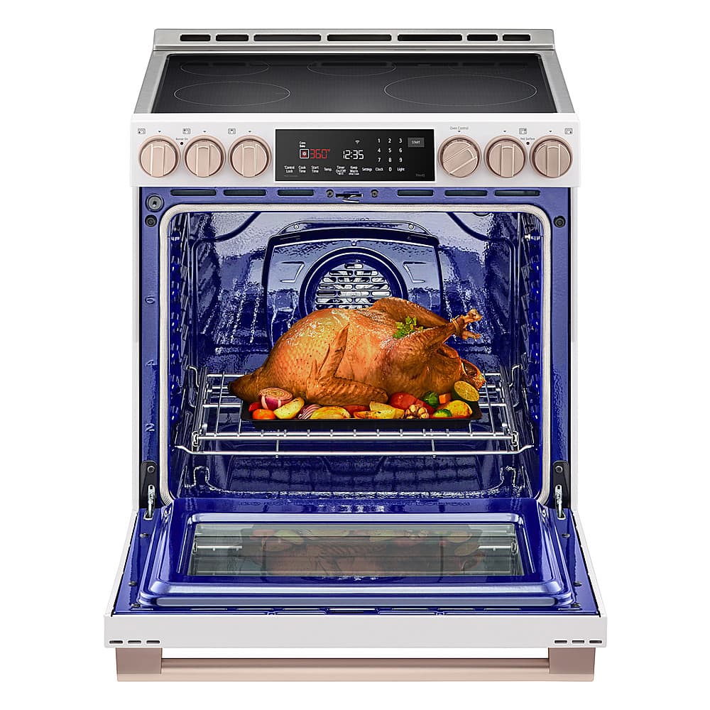 The image shows a turkey inside a blue oven, which is set to cook at 360 degrees for 12:35 minutes. The oven is open, revealing the turkey placed on a rack.