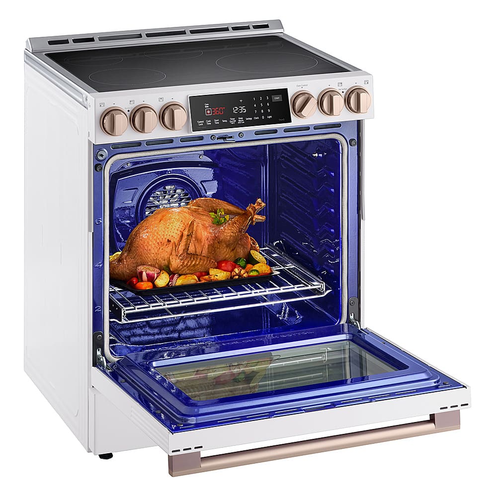 The image shows a turkey inside an oven, which is set to cook at 360 degrees for 2:35 hours. The oven has a digital display, and the turkey is placed on a rack.