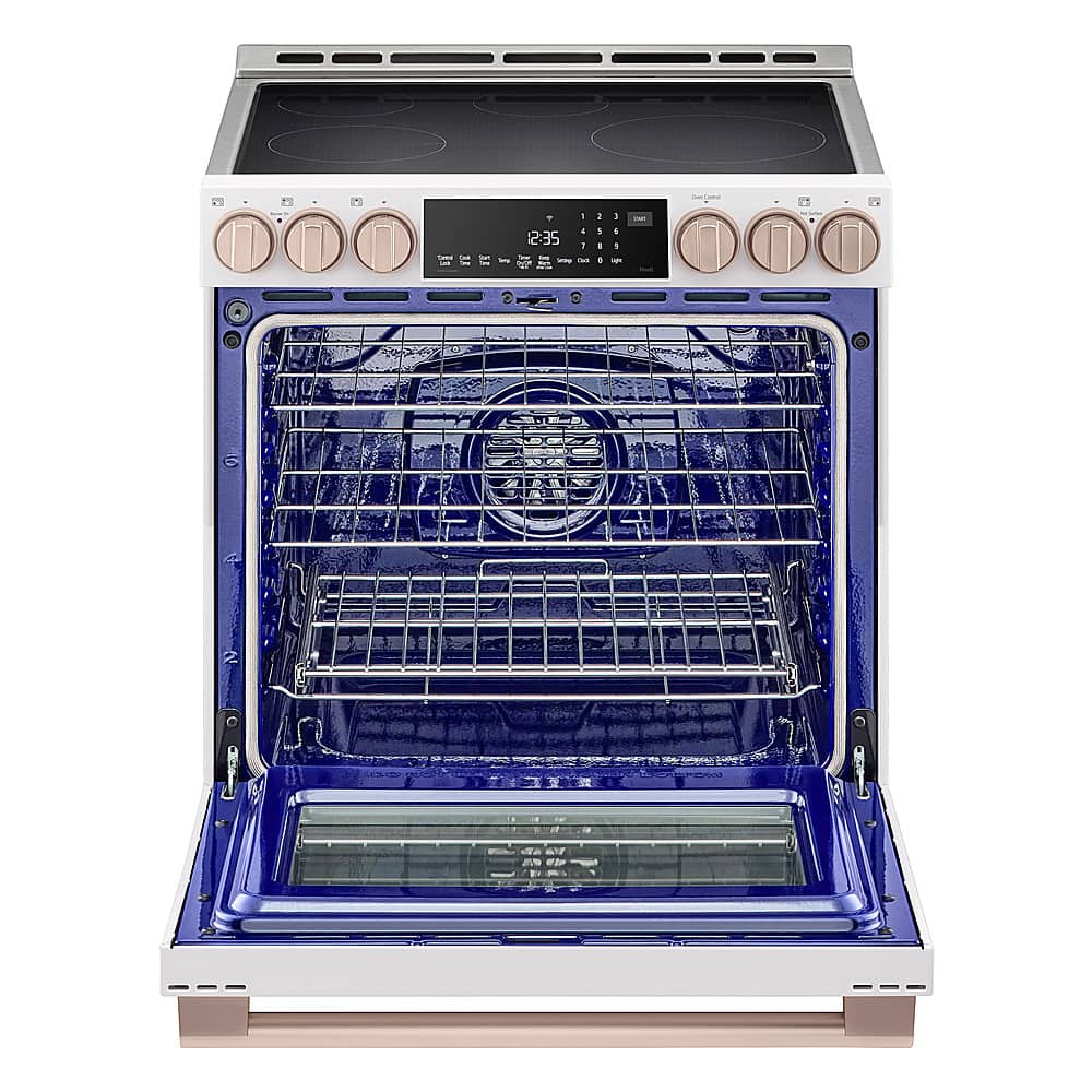 Left. LG - STUDIO 6.3 Cu. Ft. Slide-In Smart Electric Induction True Convection Range with EasyClean and Air Sous Vide - Essence White.