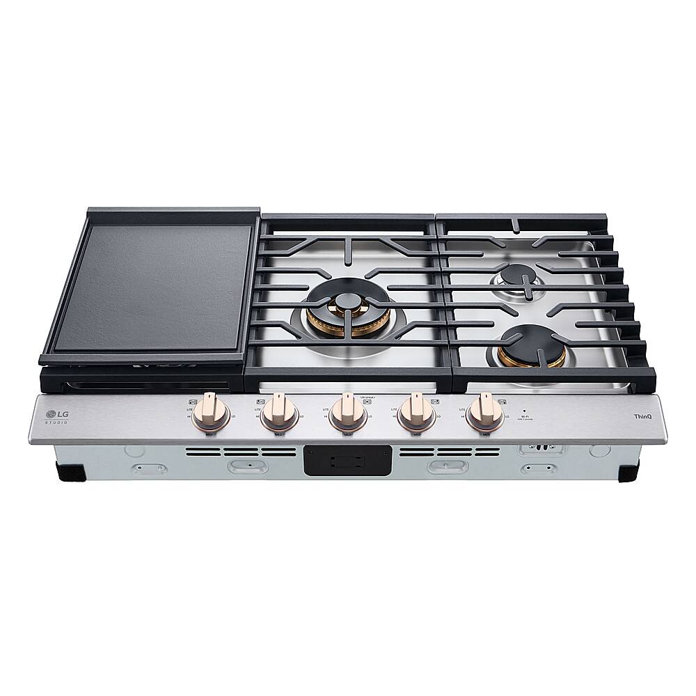 LG is the brand of the stove, which has a black and silver design. The stove has four burners and a single oven.