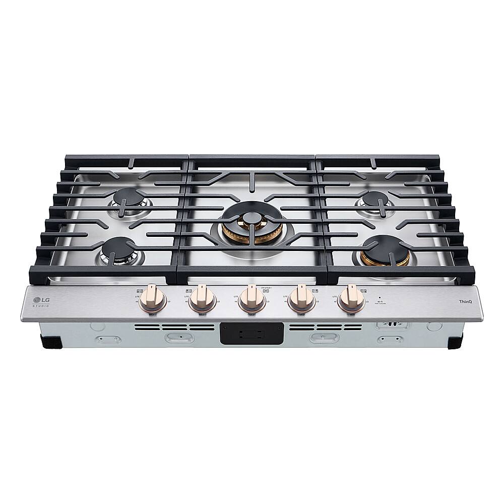 LG is the brand of the stove, which has a black and silver color scheme.
