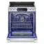 The oven is blue and silver. It has a digital display and a timer. The oven is empty and open.