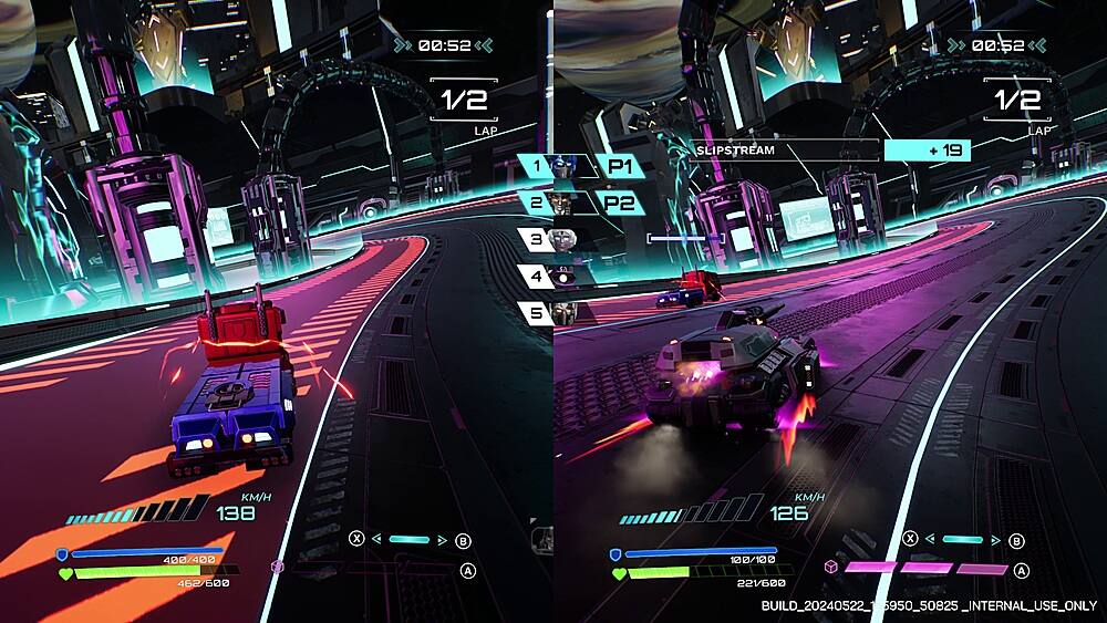 The text on the image is grouped and corrected as follows:

1/2 LAP 1 P1 SLIPSTREAM + 19 LAP 00:52  2 3 P2 4 s 5 KM/H 138 KM/H 126 x  x  400/400 462/600 A 100/100 221600 A BUILD\_20240522\_126950\_50825\_INTERNAL\_USE\_ONLY