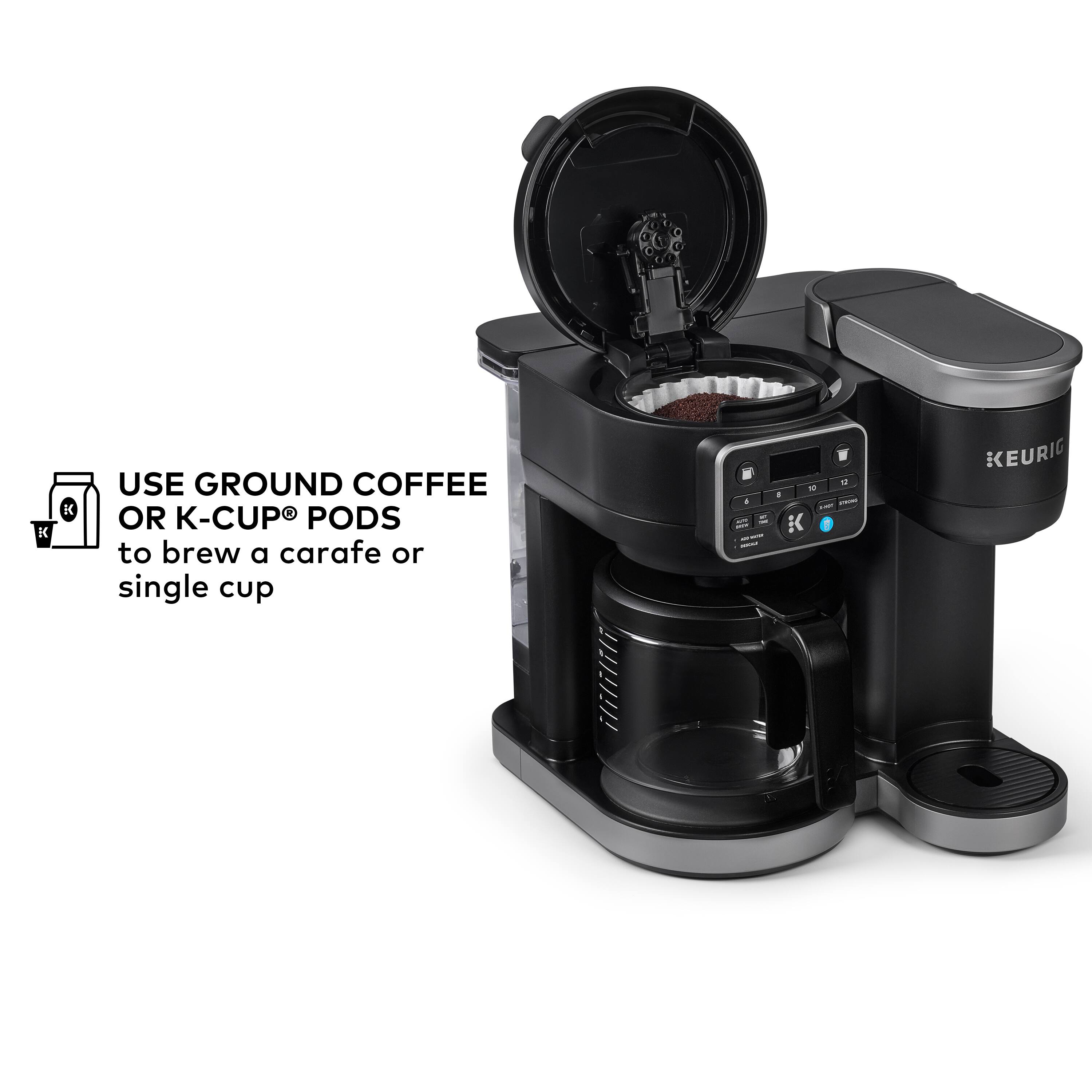 Use ground coffee or K-Cup pods to brew a carafe or single cup with the Keurig.