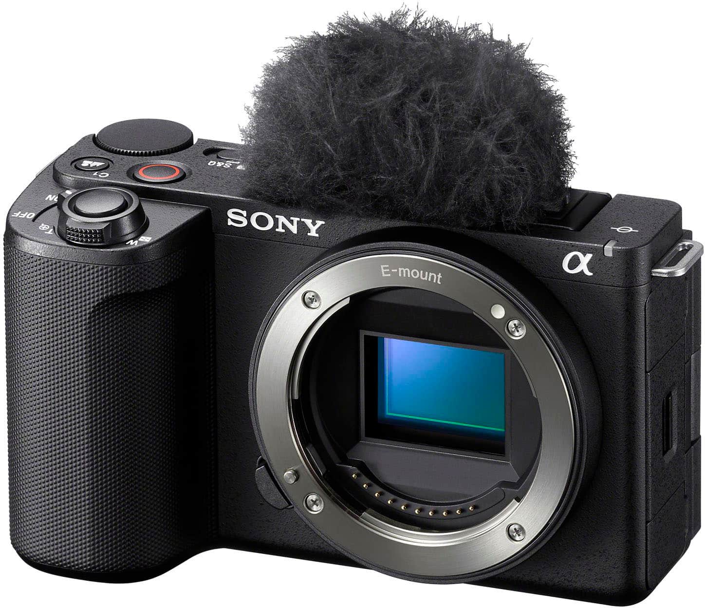 Sony E-mount camera with a microphone attached to it.