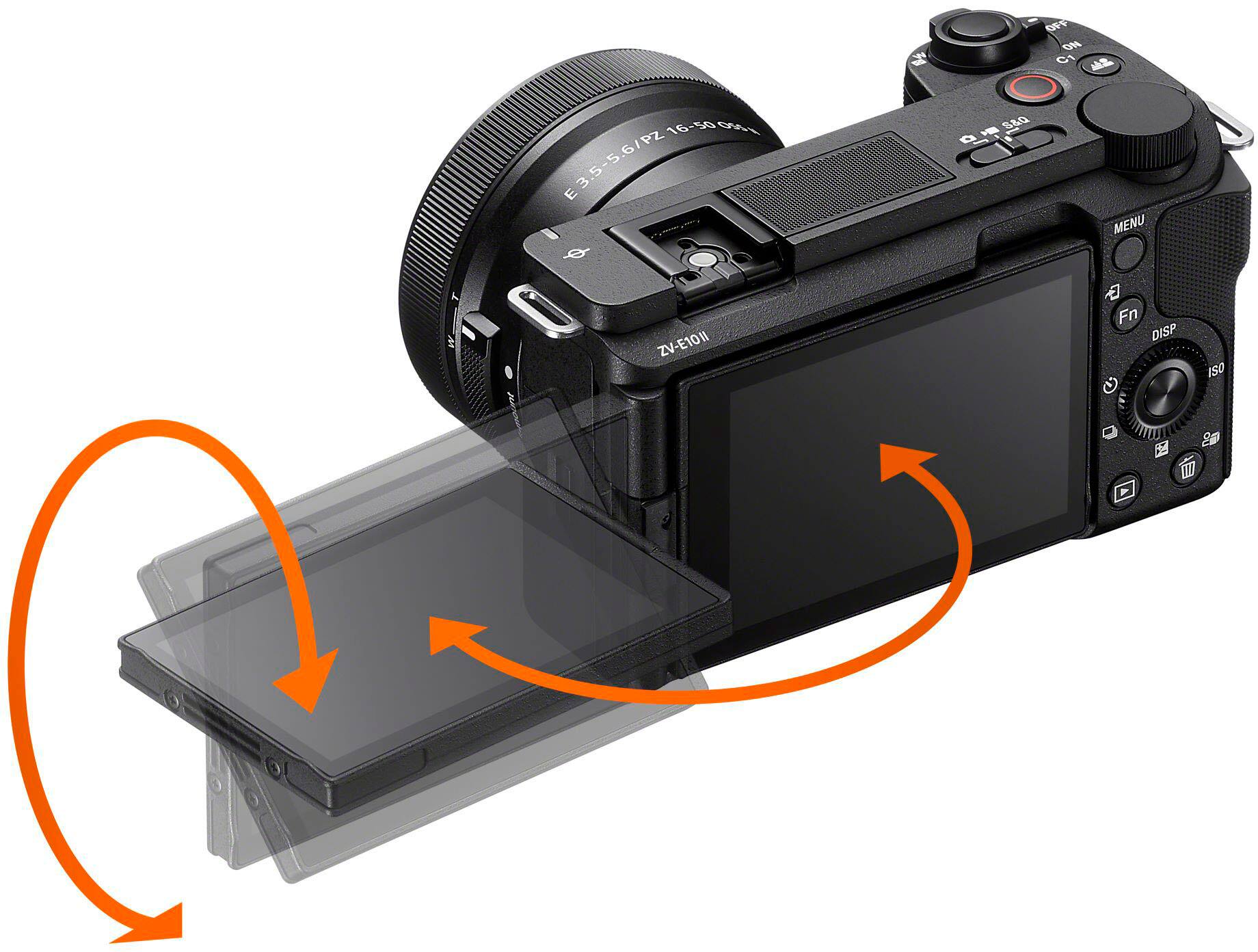 The text on the image reads "1690 E3.5-5.6/P216-9005 9 ZV-E10N N OM  C 4  S5G MENU Fn OKSP 1SO e 0 EON 2 W." This text is likely related to the camera's specifications or features.