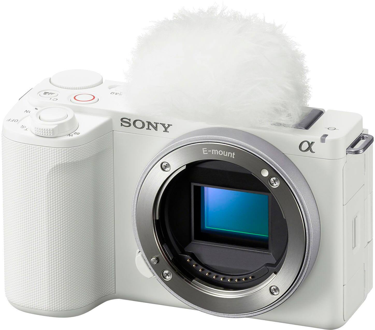 The image features a Sony E-mount camera with a microphone attached to it. The camera is white and has a large lens, which is likely used for professional photography or videography. The microphone is placed on top of the camera, which helps to capture high-quality audio for any recorded content.