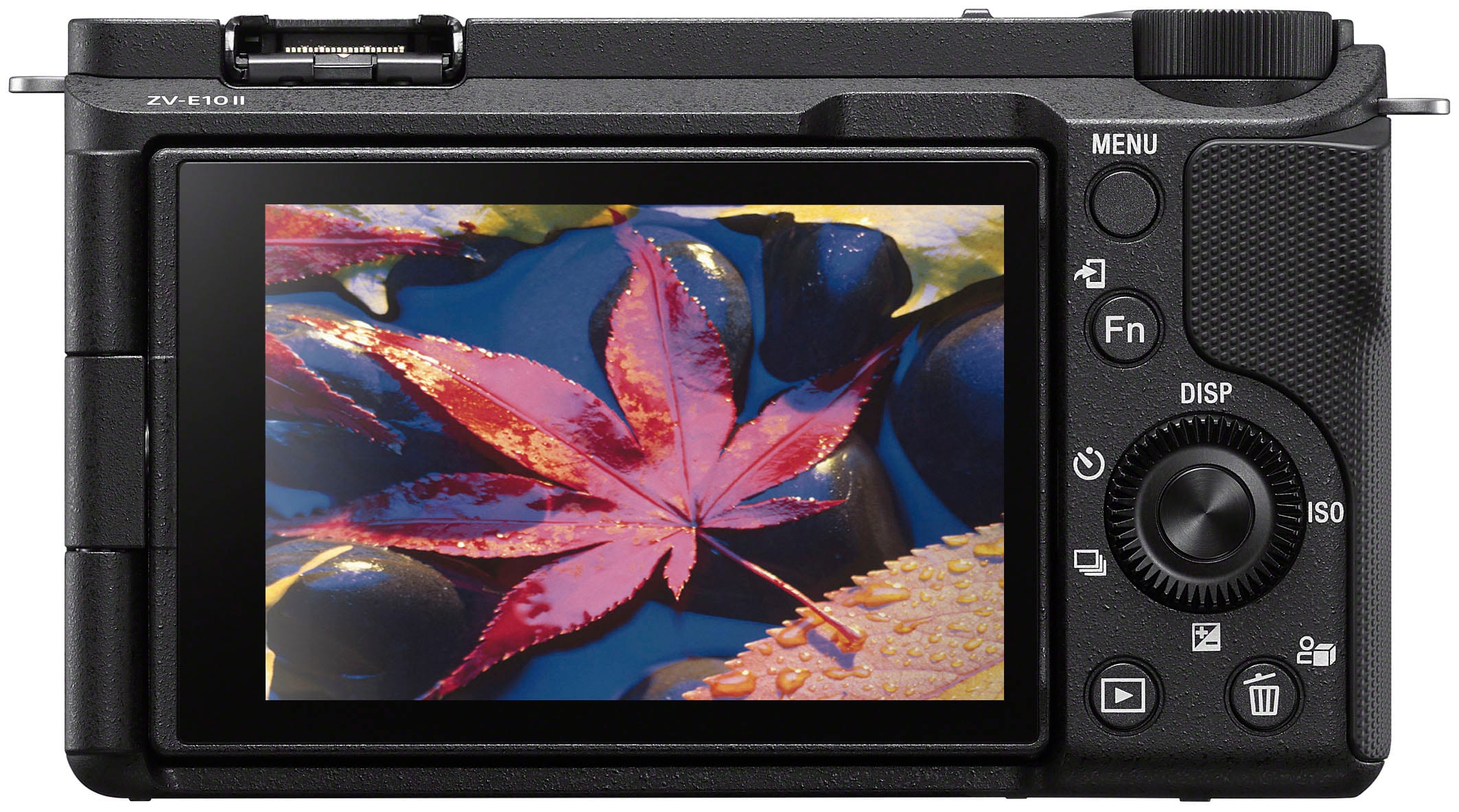 The text on the image reads "ZV-F10HI MENU Fn DISP ISO."