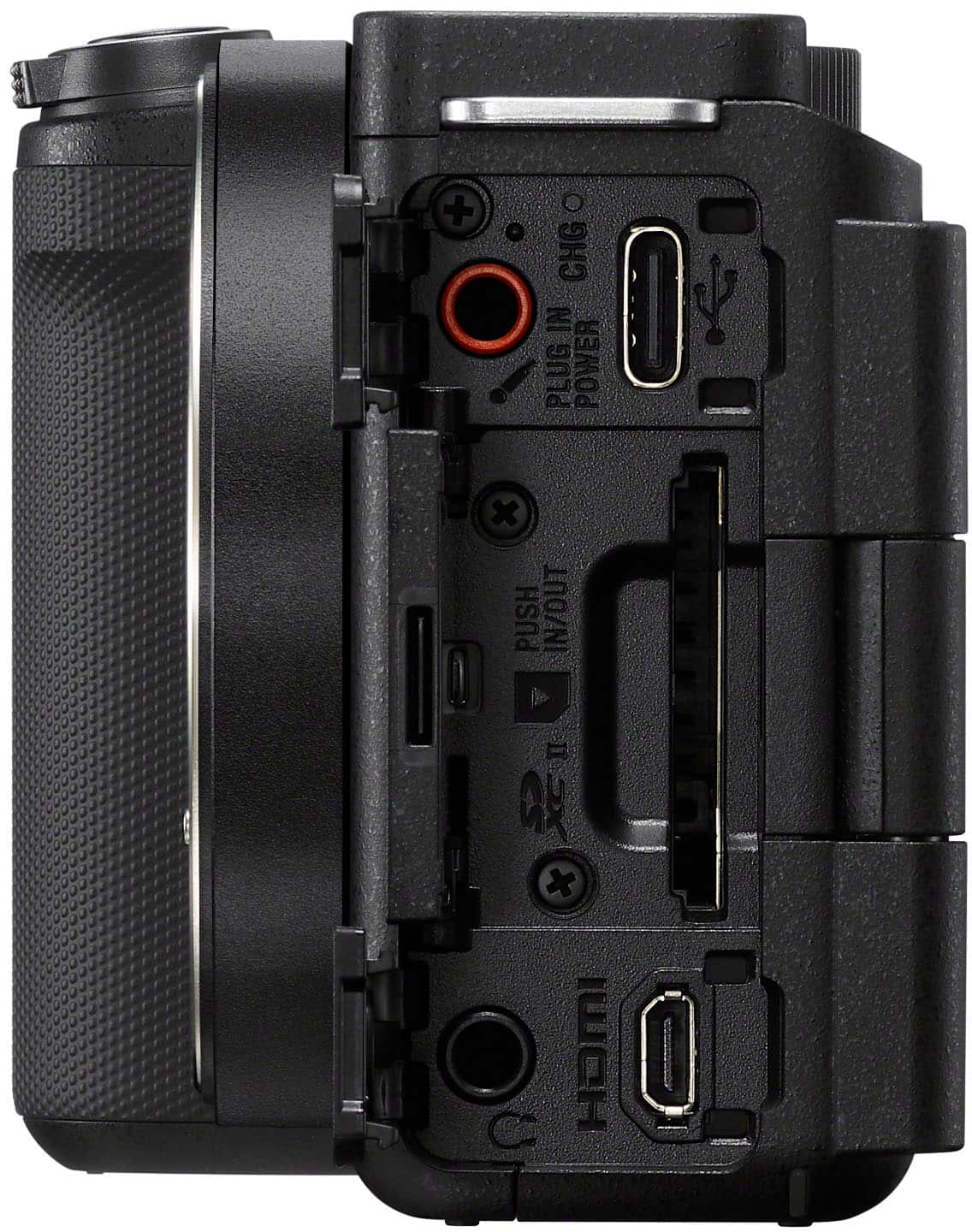 The image features a camera with a black case and a plug in the back. The camera is designed for plug-in power, and it has a push in/out button. The camera is made by HOMI.