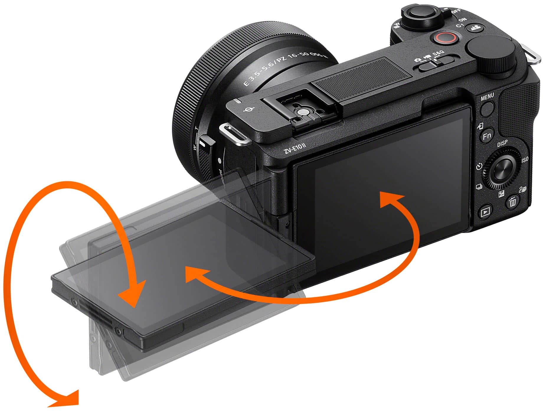 The text on the image reads: "1690 E3.5-5.6/V2-10-300 9 ZV-E10N 1 OM C 4 W - 350 MENU Fn OISP SP 0 FEEUSS 3 W."