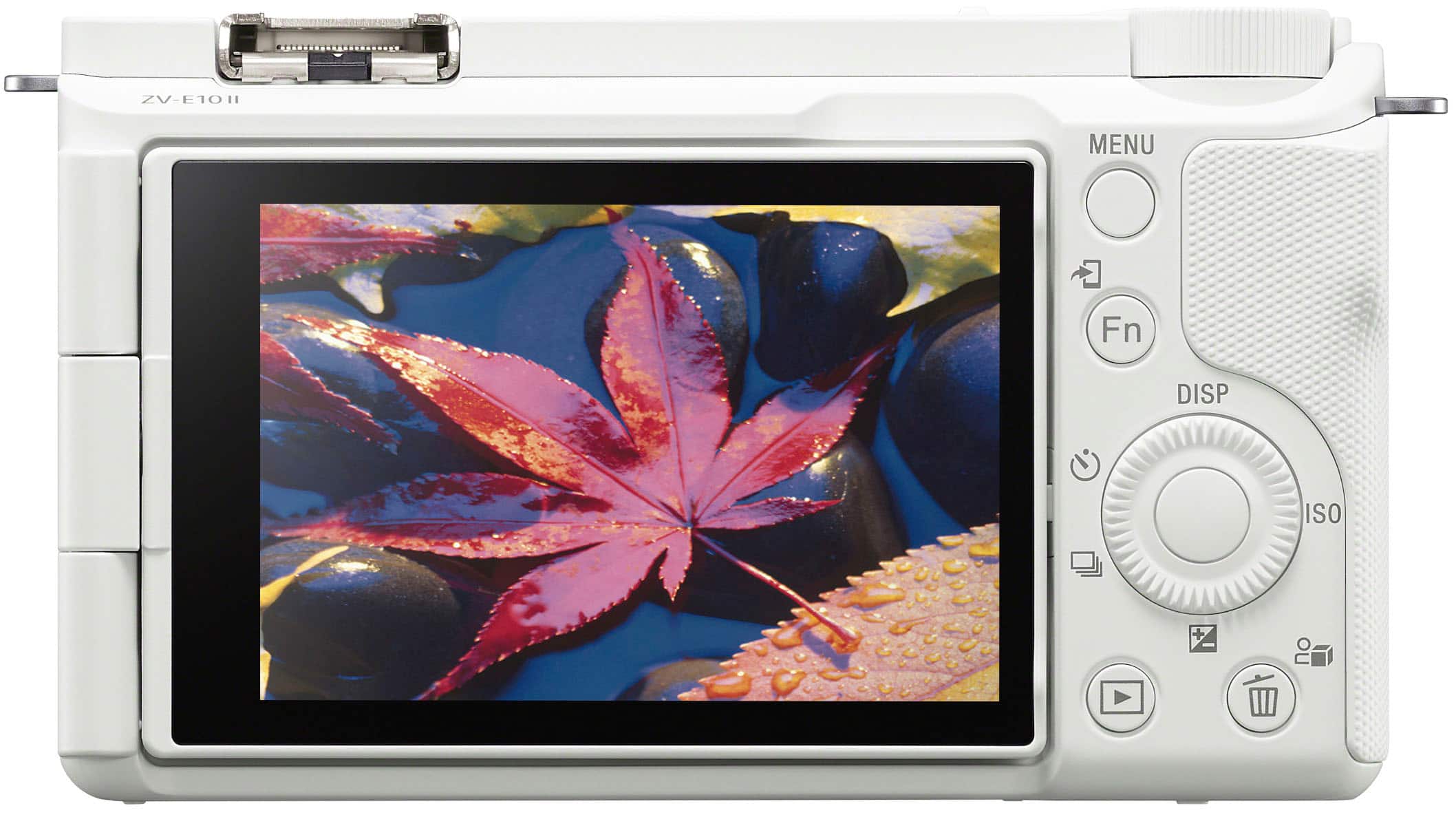 The text on the image reads "ZV-E10H MENU Fn DISP ISO." This indicates that the camera is a ZV-E10H model, and it has a menu function and display settings. The ISO setting is likely related to the camera's sensitivity to light, allowing for better performance in low-light conditions.