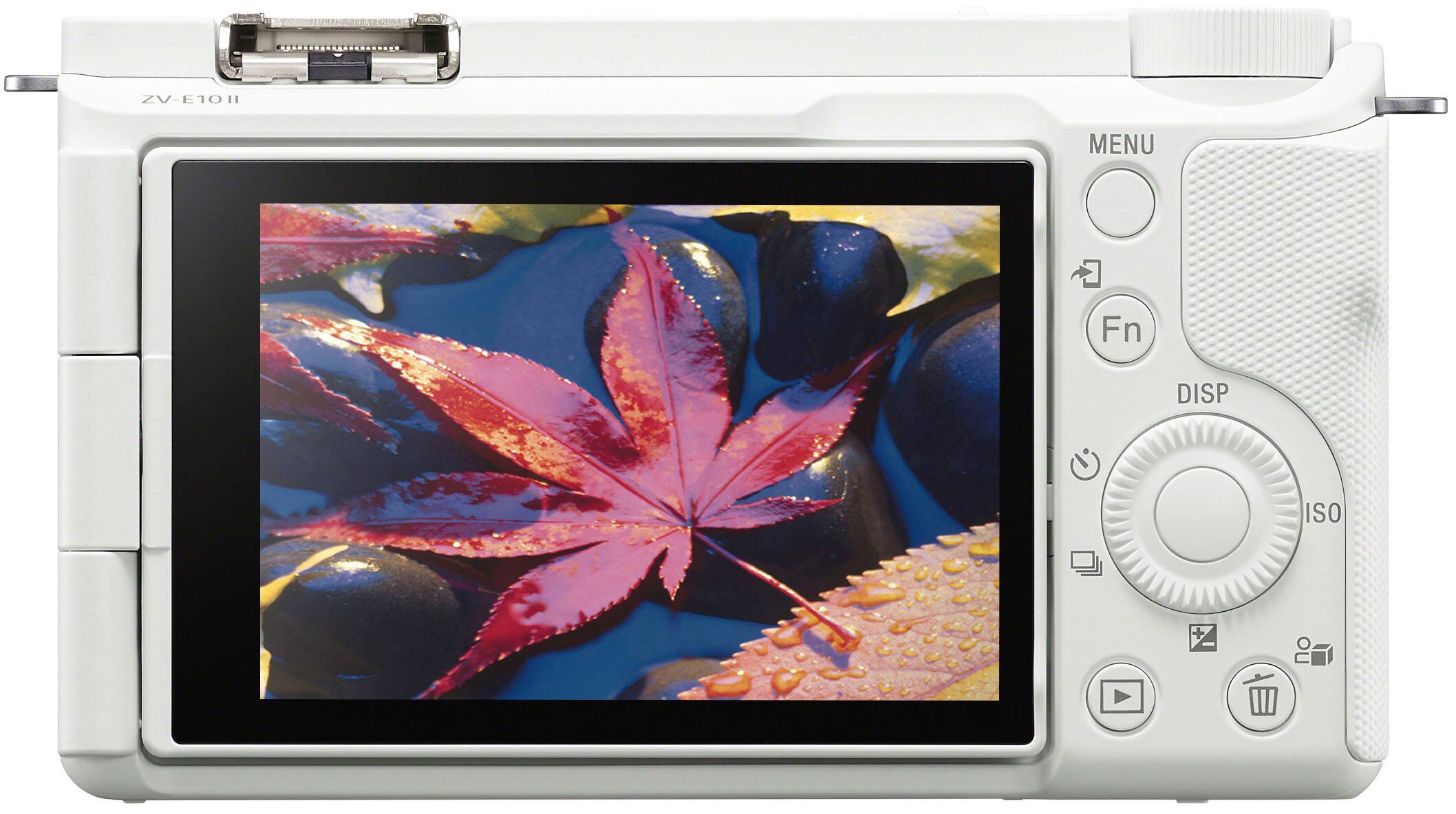 The text on the image reads "ZV-E10H MENU Fn DISP ISO." This indicates that the camera is a ZV-E10H model, and it has a menu function and display settings. The ISO setting is likely related to the camera's sensitivity to light, allowing for better performance in low-light conditions.