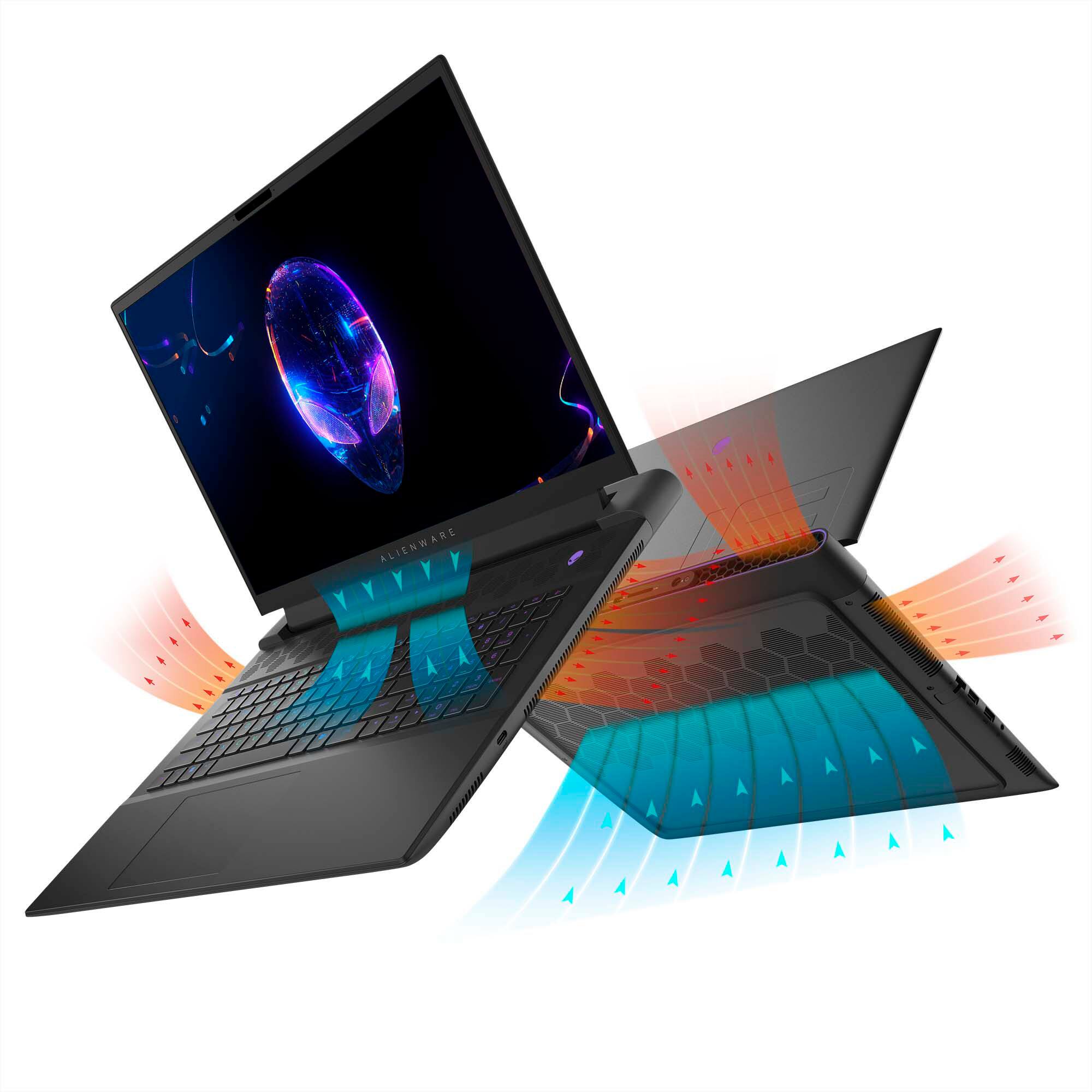 Alienware is a brand of computer hardware, including laptops and desktops, known for their high-performance and cutting-edge technology. The image shows an Alienware laptop with a colorful display and a keyboard with blue and purple lights. The laptop is open and positioned on a white background, which highlights its sleek design and advanced features.