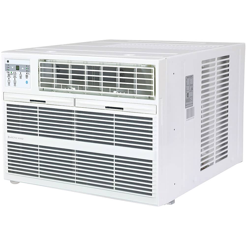 The image features a white Arctic Wind air conditioner, which is a portable and compact unit. It is designed to provide efficient cooling in various settings, such as homes, offices, or small living spaces. The air conditioner has a sleek and modern appearance, making it an attractive addition to any room. Its compact size and portability make it a convenient option for those who need a cooling solution without taking up too much space.
