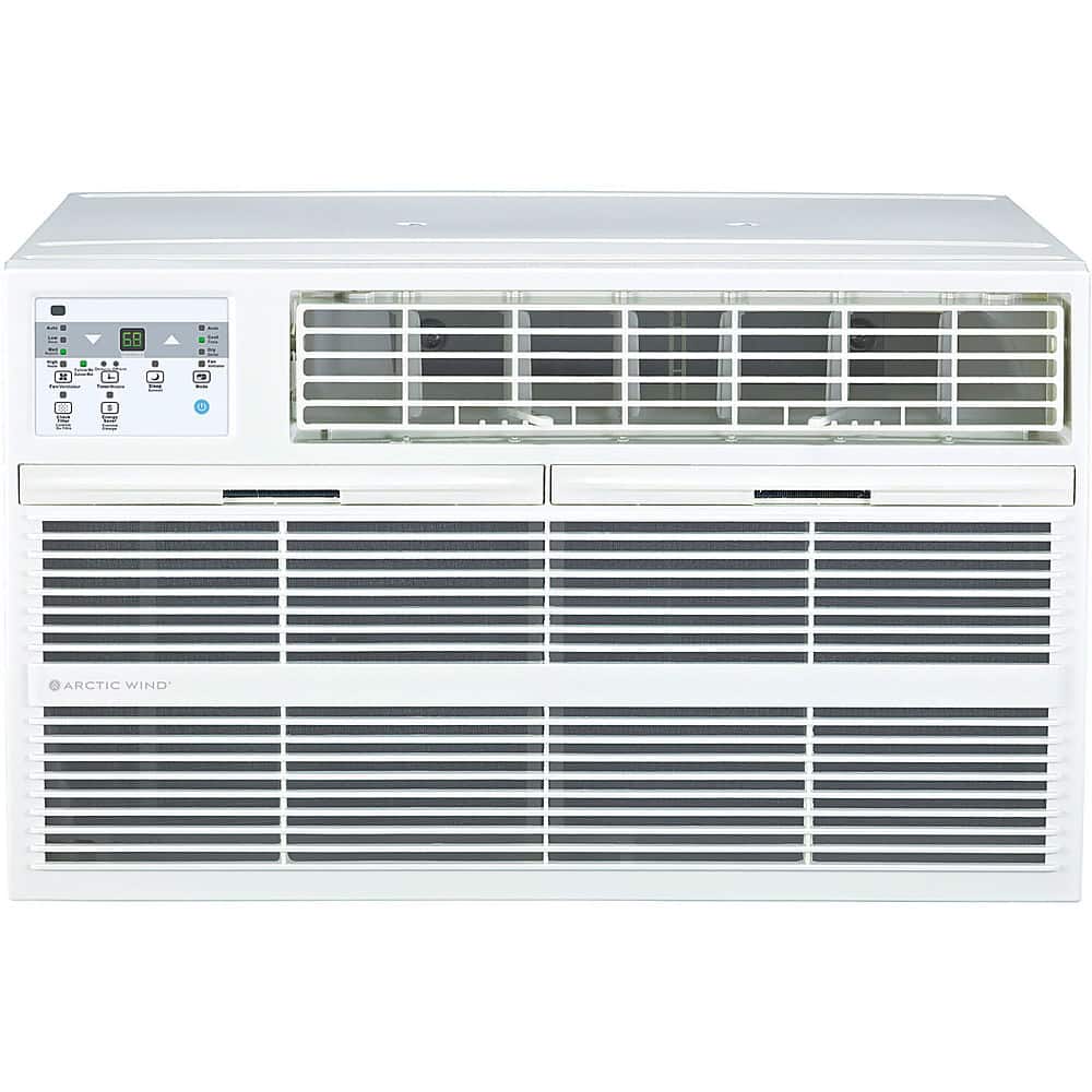 The image features a white air conditioner with a digital display and a remote control. The air conditioner has two sections, one on the top and one on the bottom. The top section has a fan and the bottom section has a cooling unit. The remote control is located on the left side of the air conditioner. The air conditioner is designed to provide efficient cooling and comfort during hot weather.