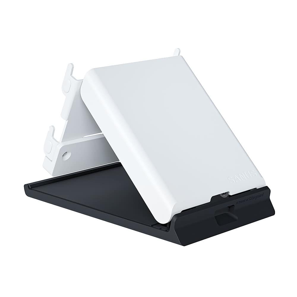 Sanus is a brand of electronic devices, including a white stand that is shown in the image. The stand is designed to hold a laptop or tablet in an upright position, making it convenient for the user to view the screen. The stand is white and has a black base, providing a sleek and modern appearance. The stand is also adjustable, allowing the user to find the most comfortable viewing angle.