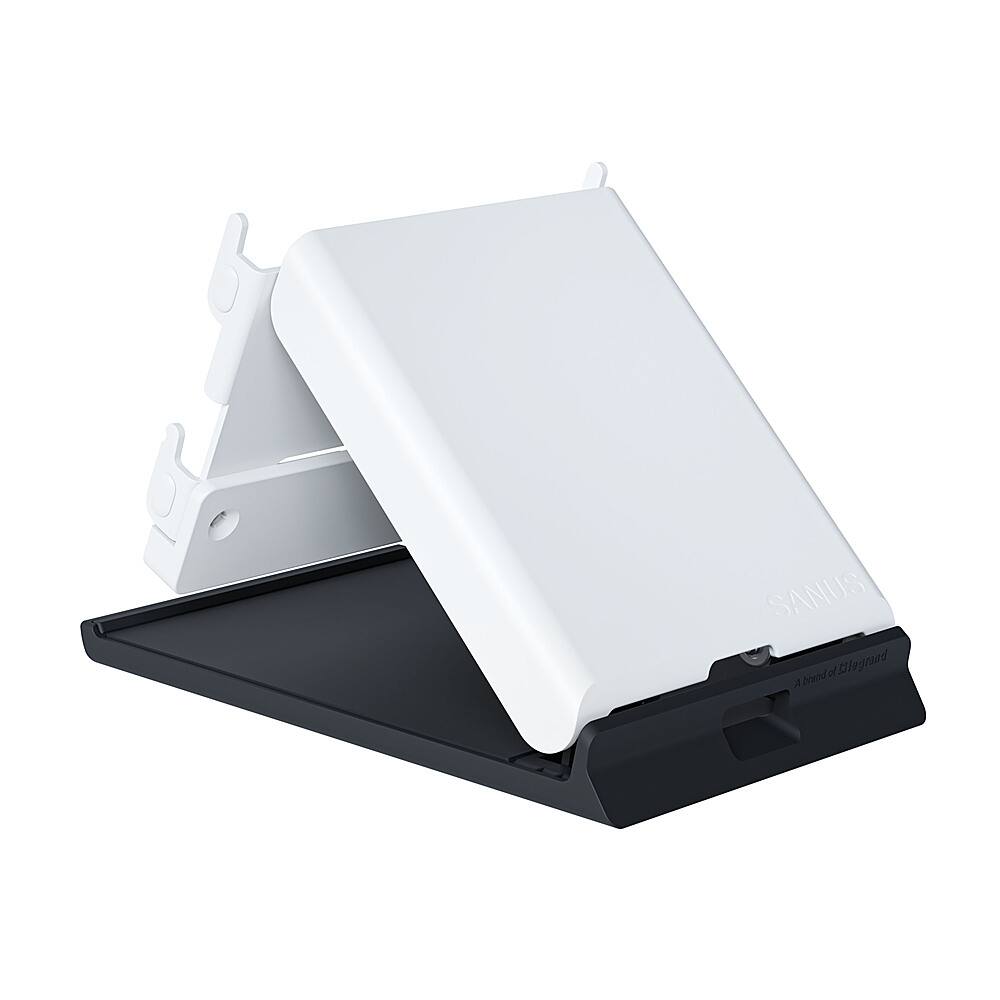 Sanus is a brand of electronic devices, including a white stand that is shown in the image. The stand is designed to hold a laptop or tablet in an upright position, making it convenient for the user to view the screen. The stand is white and has a black base, providing a sleek and modern appearance. The stand is also adjustable, allowing the user to find the most comfortable viewing angle.