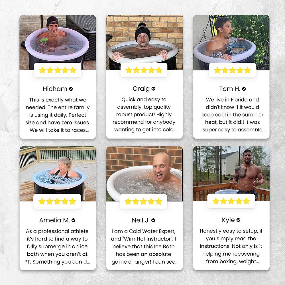 The text on the image is grouped and corrected as follows:

Hicham: This is exactly what we needed. The entire family is using it daily. Perfect size and have zero issues. We will take it to races...

Craig: Quick and easy to assembly, top quality robust product! Highly recommend for anybody wanting to get into cold...

Tom H.: We live in Florida and didn't know if it would keep cool in the summer heat, but it did!! It was super easy to assemble...

Amelia M.: As a professional athlete it's hard to find a way to fully submerge in an ice bath when you aren't at PT. Something you can d...

Neil J.: I am a Cold Water Expert, and "Wim Hof Instructor. I believe that this Ice Bath has been an absolute game changer! | can see..

Kyle: Honestly easy to setup, if you simply read the instructions. Not only is it helping me recovering from boxing, weight...