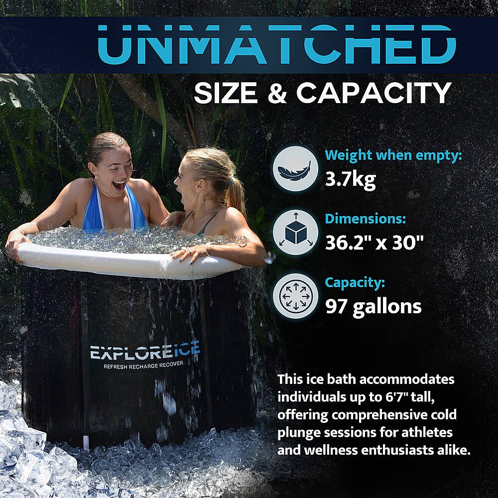 UNMATCHED SIZE & CAPACITY:
Weight when empty: 3.7kg
Dimensions: 36.2" X 30"
EXPLOREICE REFRESH RECHARGE RECOVER.
Capacity: < 97 gallons
This ice bath accommodates individuals up to 6'7" tall, offering comprehensive cold plunge sessions for athletes and wellness enthusiasts alike.
