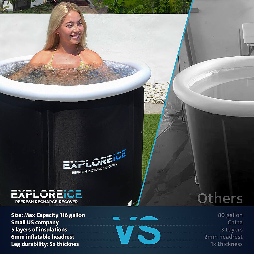 EXPLOREICE REFRESH RECHARGE RECOVER
Size: Max Capacity 116 gallon
Small US company
5 layers of insulations
vs
80 gallon
China
3 Layers
2mm headrest
1x thickness
Leg durability: 5x thickness
vs
Others