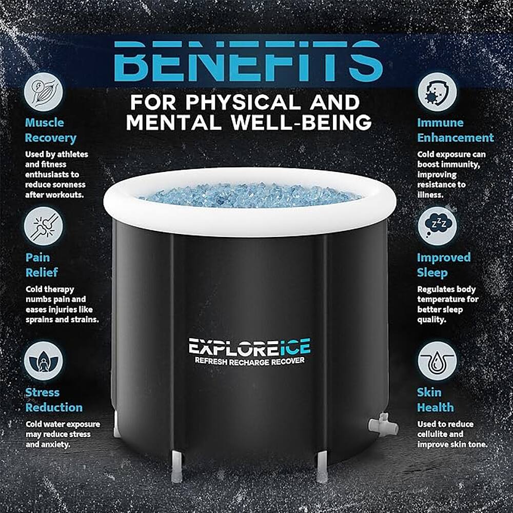 BENEFITS FOR PHYSICAL AND MENTAL WELL-BEING:

1. Immune Recovery Enhancement: Used by athletes, cold exposure can boost immunity and enthusiasm.
2. Pain Relief: Cold therapy numbs pain and eases injuries like sprains and strains.
3. Improved Sleep: Regulates body temperature for better sleep quality.
4. Stress Reduction: Cold water exposure may reduce stress and anxiety.
5. Skin Health: Used to reduce cellulite and improve skin tone.

EXPLOREICE REFRESH RECHARGE RECOVER:

1. Refresh: Cold water exposure can help refresh and rejuvenate the body.
2. Recharge: Cold therapy can help recharge the body after physical activity.
3. Recover: Cold exposure can aid in the recovery process after workouts.