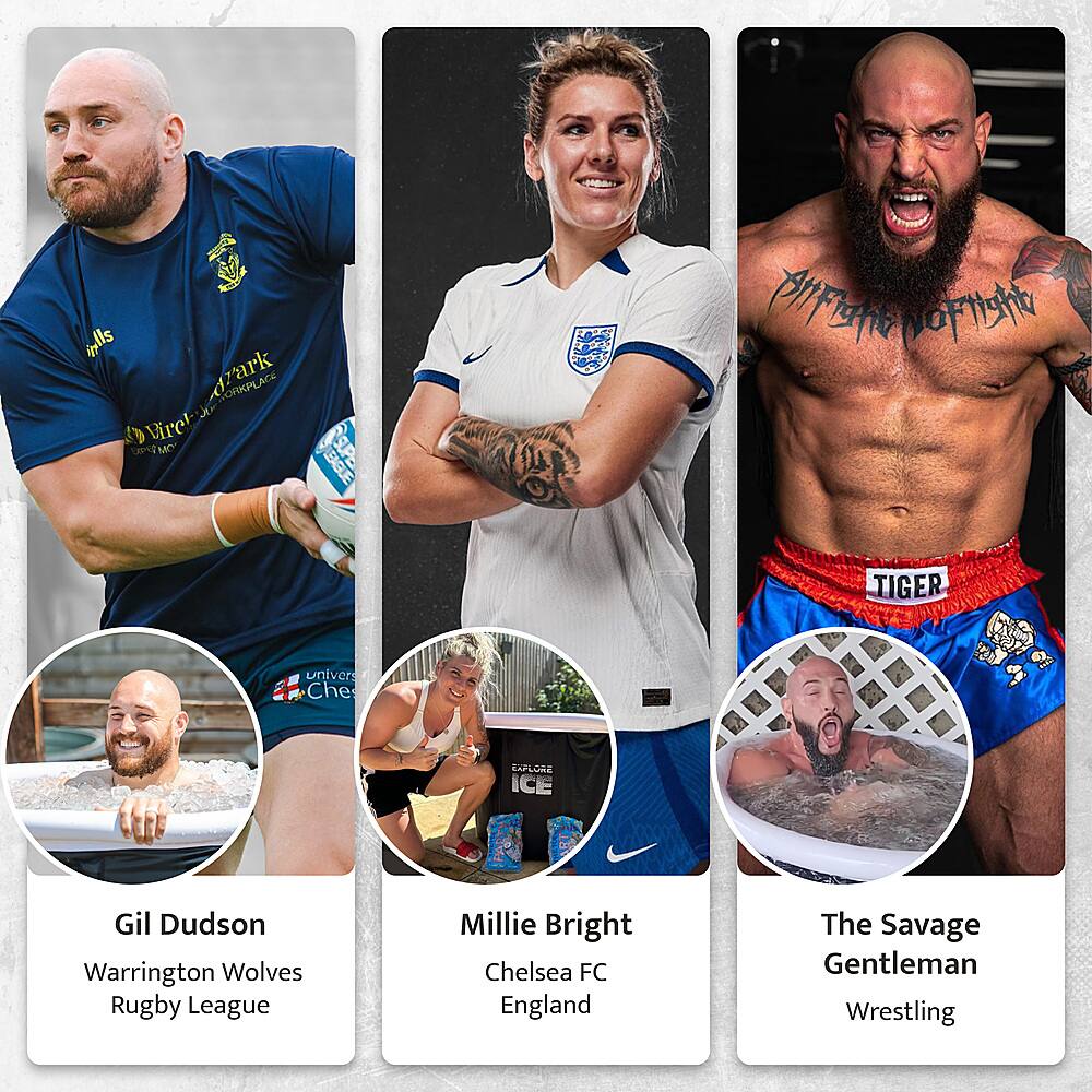 The image features four different people, each with their own unique style and background. The first person is Gil Dudson, a rugby player from Warrington Wolves Rugby League. The second person is Millie Bright, a soccer player from Chelsea FC in England. The third person is known as The Savage Gentleman, a wrestler. The fourth person is a tattooed man, possibly a mixed martial artist, who is also known as The Savage Gentleman. Each person is showcased in their own box, highlighting their individuality and accomplishments in their respective sports.