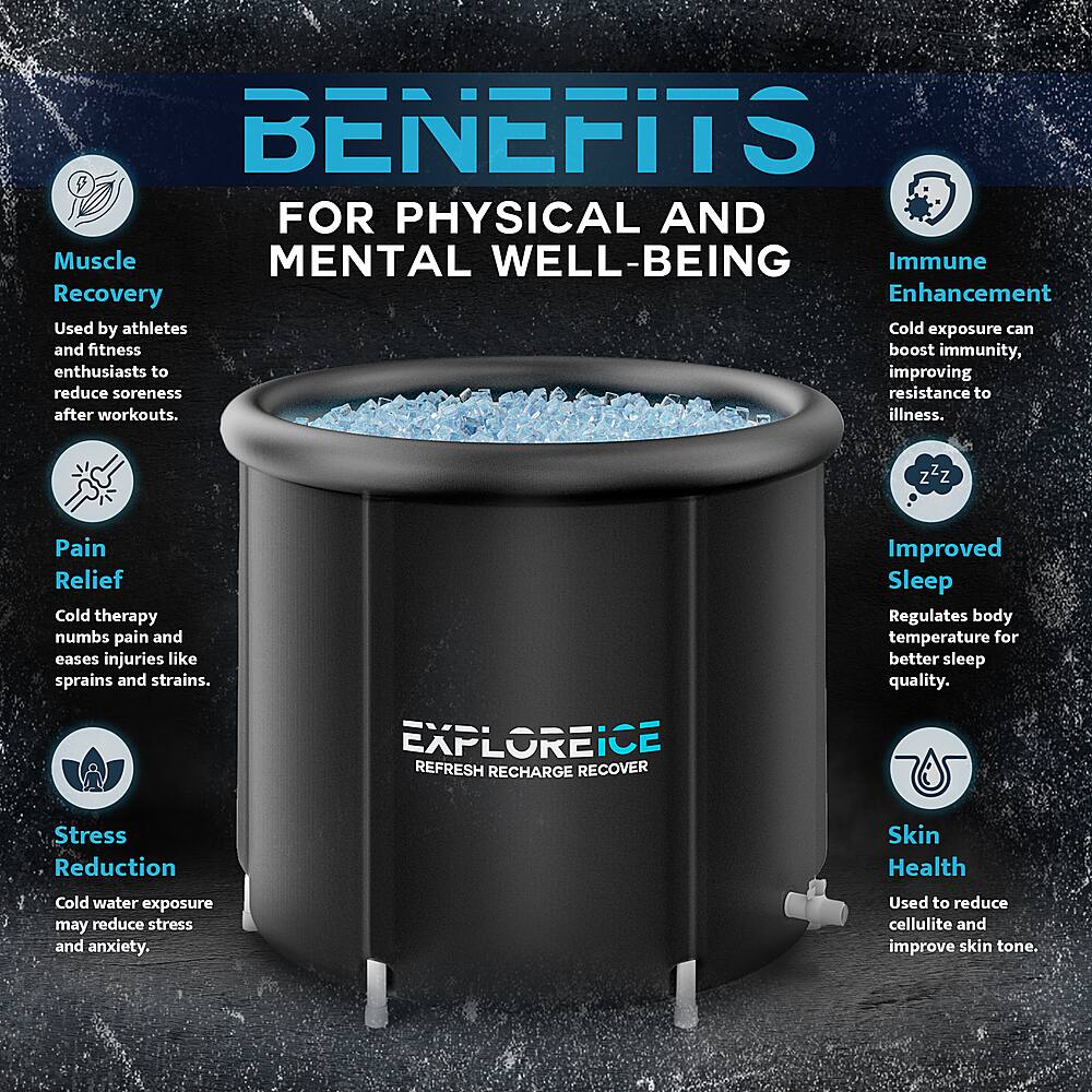 BENEFITS FOR PHYSICAL AND MENTAL WELL-BEING

1. Immune Recovery Enhancement: Cold exposure can boost immunity, used by athletes to improve recovery after workouts.
2. Pain Relief: Cold therapy numbs pain and eases injuries like sprains and strains.
3. Improved Sleep: Cold exposure helps regulate body temperature for better sleep quality.
4. Stress Reduction: Cold water exposure may reduce stress and anxiety.
5. Skin Health: Cold exposure may reduce cellulite and improve skin tone.

EXPLOREICE REFRESH RECHARGE RECOVER