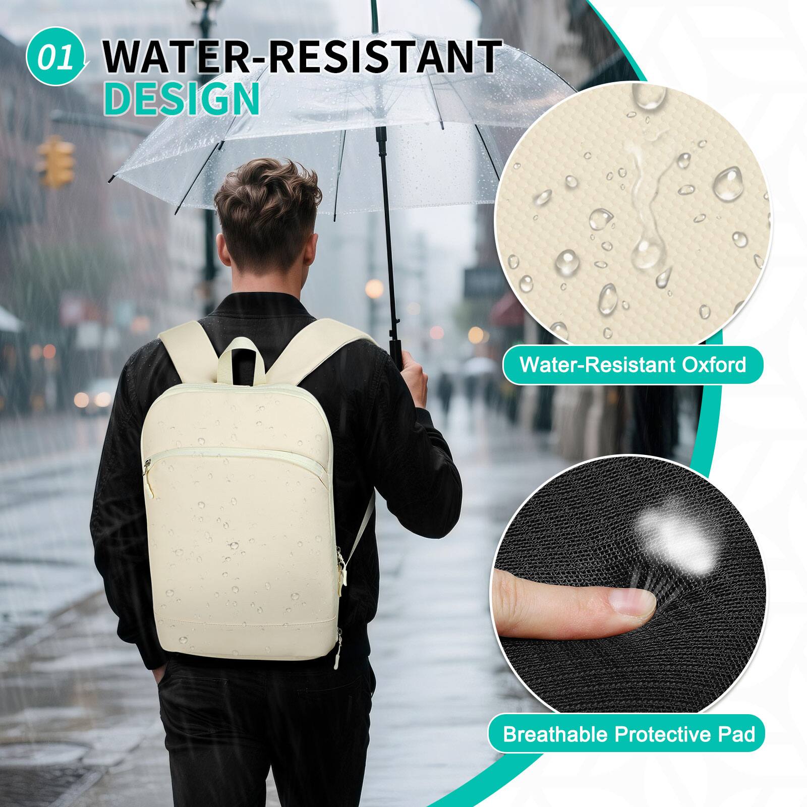 01 WATER-RESISTANT DESIGN  
Water-Resistant Oxford  
Breathable Protective Pad