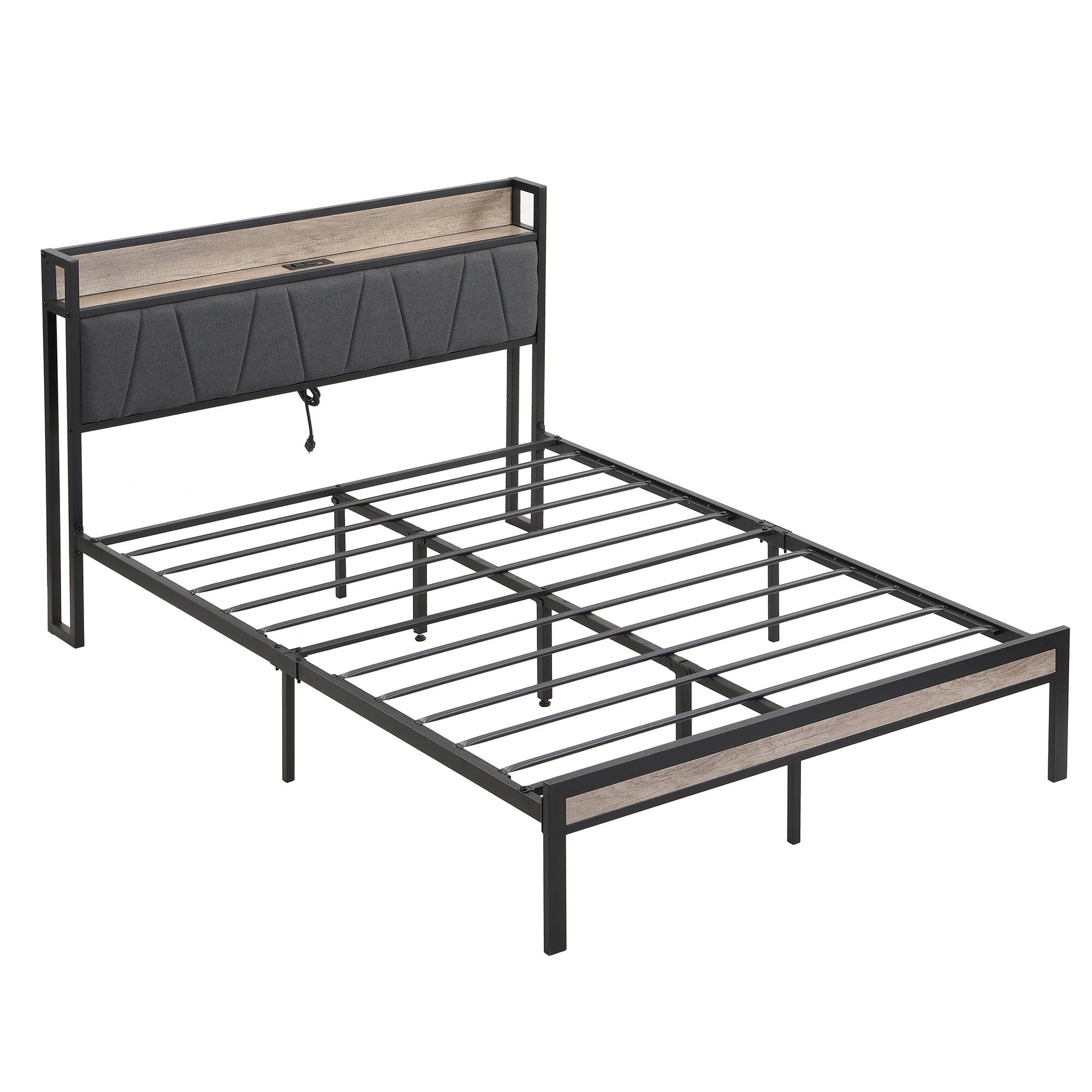 Left. Trinkets Crazed - Queen Size Metal Platform Bed Frame with Storage Function Headboard and USB Liner and Footboard, No Box Spring Needed - Black.
